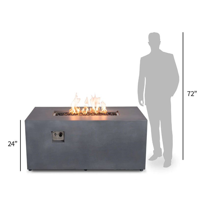 Size comparison showing the Flame Havens Refuge Series 56 x 30 x 24-inch gray rectangular propane fire pit beside a 72-inch human silhouette. The fire pit is labeled 24 inches high and shown burning over black fire glass, with its front CSA ignition controls visible to illustrate its scale and comfortable table height.