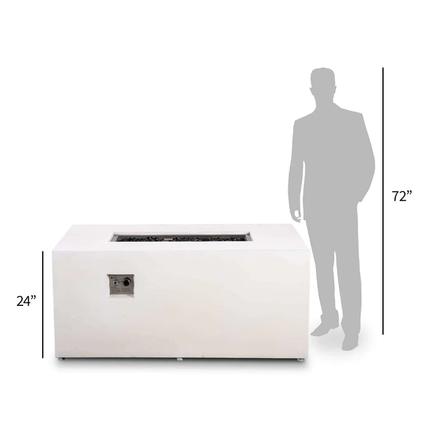 Size comparison of the white Flame Havens Refuge Series 56 x 30 x 24-inch rectangular propane gas fire pit beside a 72-inch human silhouette, illustrating the fire pit’s 24-inch height, broad tabletop profile, black fire glass, stainless steel burner opening, and front CSA ignition controls.