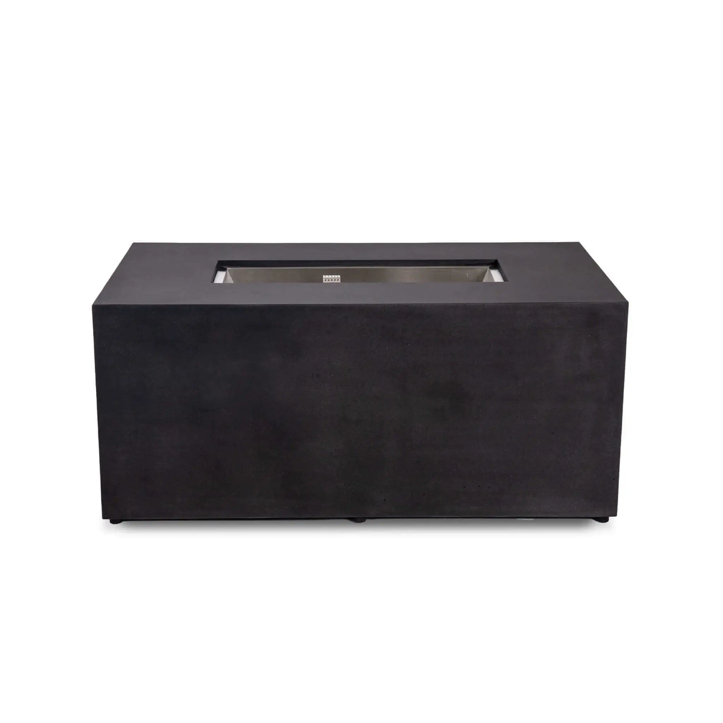 Straight view of the black Flame Havens Refuge Series 56 x 30 x 24-inch rectangular GFRC concrete propane fire pit with a clean front and no visible controls. A recessed stainless steel burner pan and protected CSA ignition component are centered within the wide tabletop.