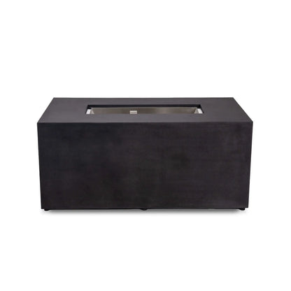 Straight view of the black Flame Havens Refuge Series 56 x 30 x 24-inch rectangular GFRC concrete propane fire pit with a clean front and no visible controls. A recessed stainless steel burner pan and protected CSA ignition component are centered within the wide tabletop.