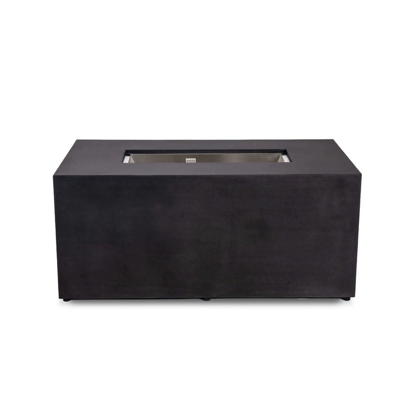 Straight view of the black Flame Havens Refuge Series 56 x 30 x 24-inch rectangular GFRC concrete propane fire pit with a clean front and no visible controls. A recessed stainless steel burner pan and protected CSA ignition component are centered within the wide tabletop.
