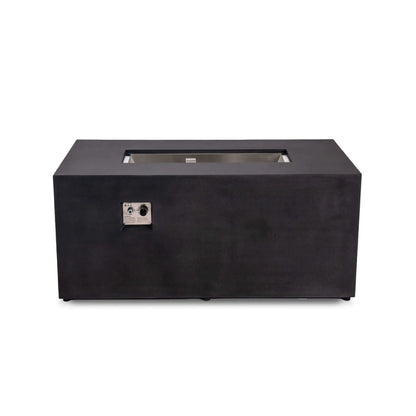 Straight front view of the black Flame Havens Refuge Series 56 x 30 x 24-inch rectangular GFRC concrete propane fire pit. The image shows its recessed stainless steel burner pan, protective ignition cage, broad tabletop ledge, adjustable feet, and front-mounted CSA ignition controls.
