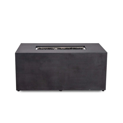 Straight front view of the black Flame Havens Refuge Series 56 x 30 x 24-inch rectangular GFRC propane fire pit in the fire-off position. Tempered black fire glass fills the recessed stainless steel burner pan, while the smooth front remains free of visible ignition controls.