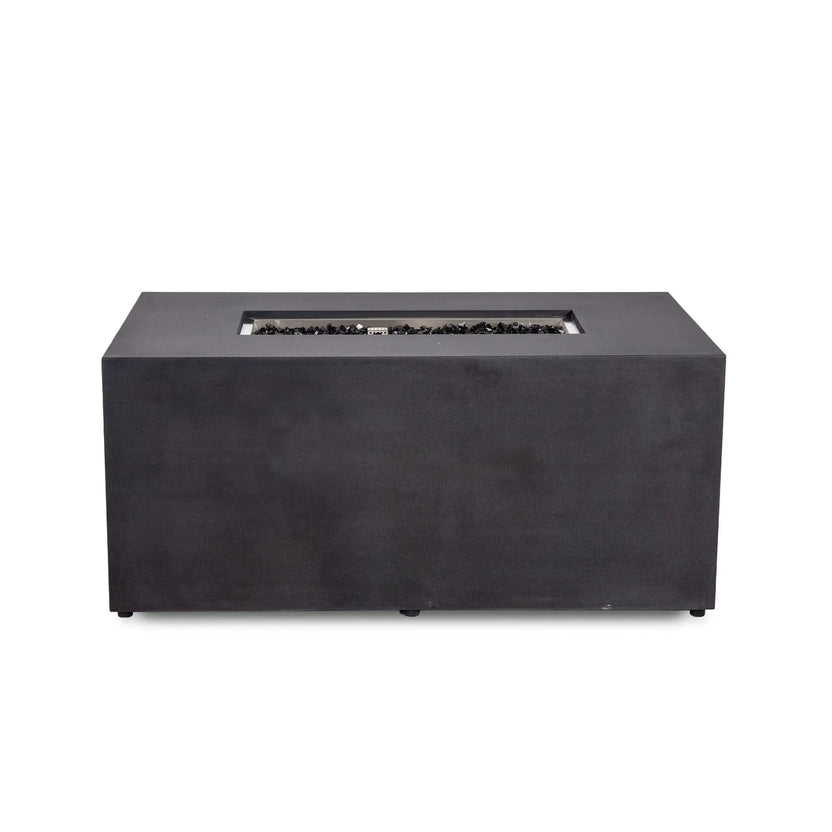 Straight front view of the black Flame Havens Refuge Series 56 x 30 x 24-inch rectangular GFRC propane fire pit in the fire-off position. Tempered black fire glass fills the recessed stainless steel burner pan, while the smooth front remains free of visible ignition controls.