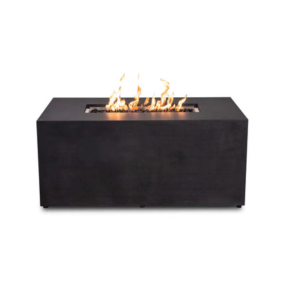 Straight front view of the black Flame Havens Refuge Series 56 x 30 x 24-inch rectangular GFRC propane fire pit with flames burning over tempered black fire glass. The smooth front has no visible controls, giving the fire pit a clean, uninterrupted modern appearance.