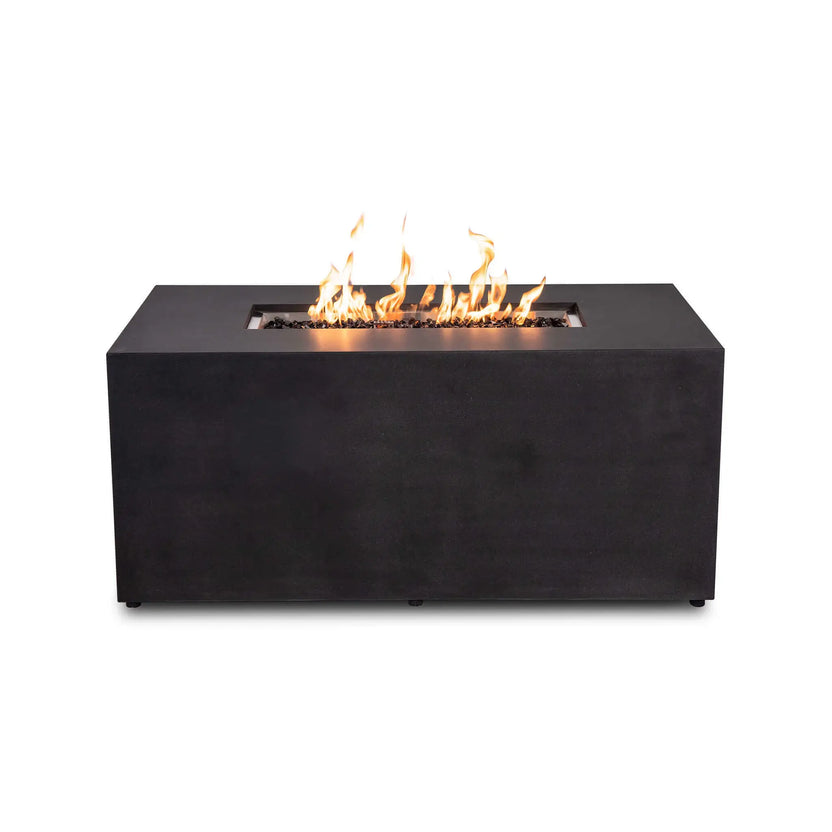 Straight front view of the black Flame Havens Refuge Series 56 x 30 x 24-inch rectangular GFRC propane fire pit with flames burning over tempered black fire glass. The smooth front has no visible controls, giving the fire pit a clean, uninterrupted modern appearance.