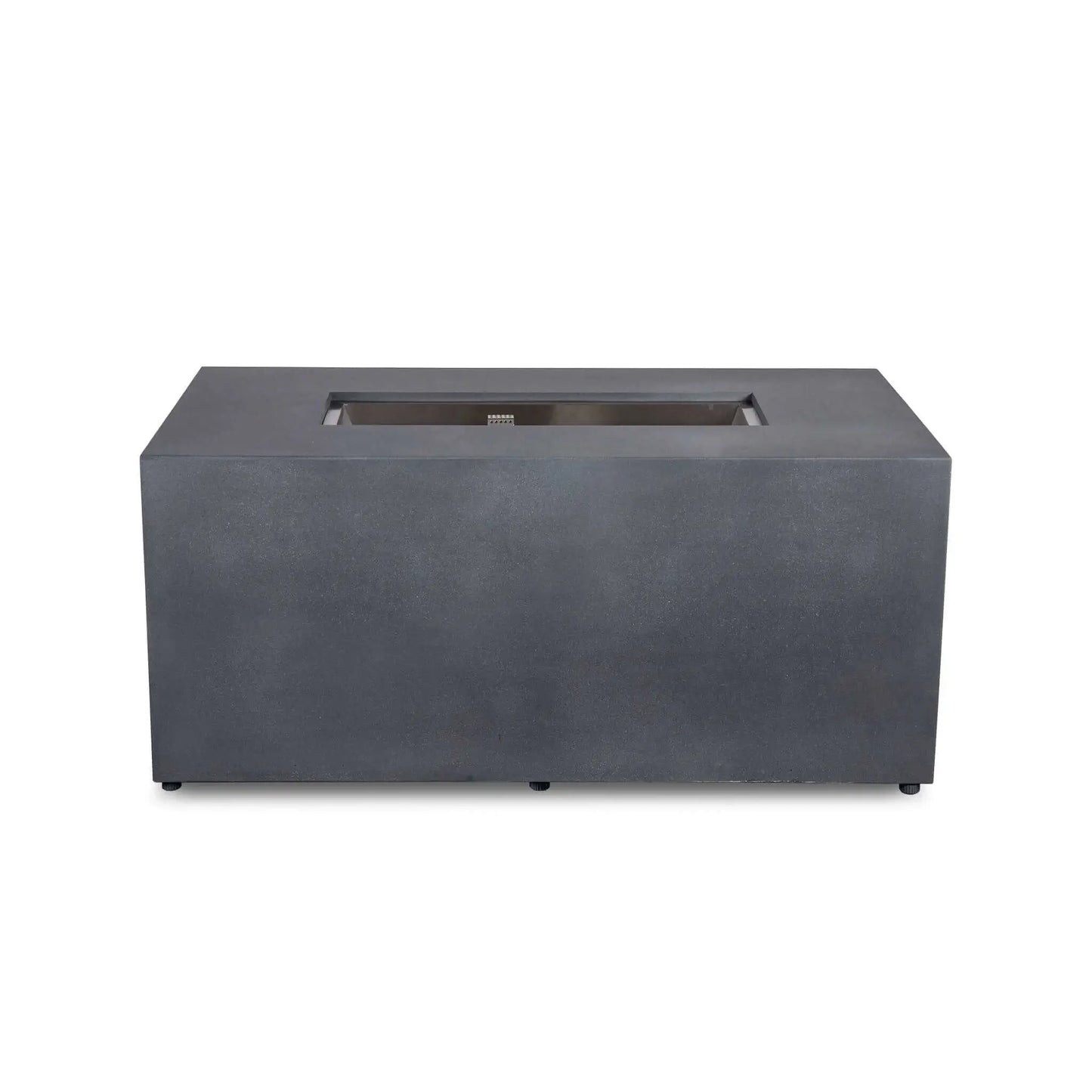 Straight front view of the Flame Havens Refuge Series 56 x 30 x 24-inch gray rectangular propane fire pit with a clean, control-free face. The minimalist GFRC concrete body features a recessed stainless steel burner pan with the ignition housing visible inside and discreet leveling feet along the base.