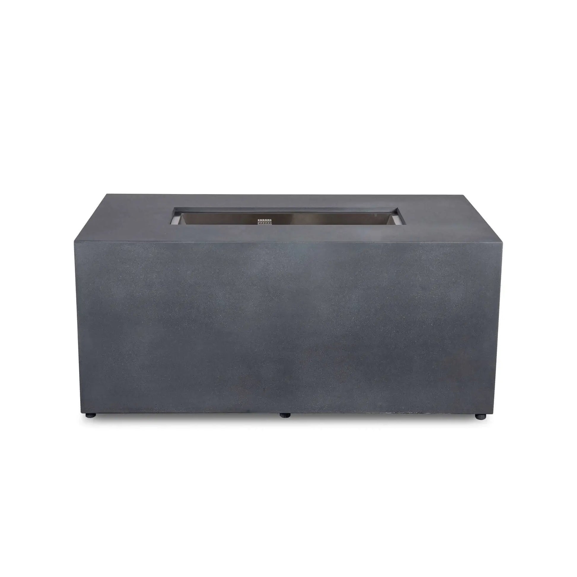 Straight front view of the Flame Havens Refuge Series 56 x 30 x 24-inch gray rectangular propane fire pit with a clean, control-free face. The minimalist GFRC concrete body features a recessed stainless steel burner pan with the ignition housing visible inside and discreet leveling feet along the base.