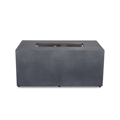 Straight front view of the Flame Havens Refuge Series 56 x 30 x 24-inch gray rectangular propane fire pit with a clean, control-free face. The minimalist GFRC concrete body features a recessed stainless steel burner pan with the ignition housing visible inside and discreet leveling feet along the base.