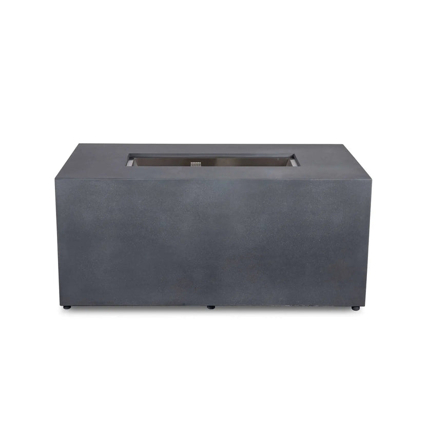 Straight front view of the Flame Havens Refuge Series 56 x 30 x 24-inch gray rectangular propane fire pit with a clean, control-free face. The minimalist GFRC concrete body features a recessed stainless steel burner pan with the ignition housing visible inside and discreet leveling feet along the base.