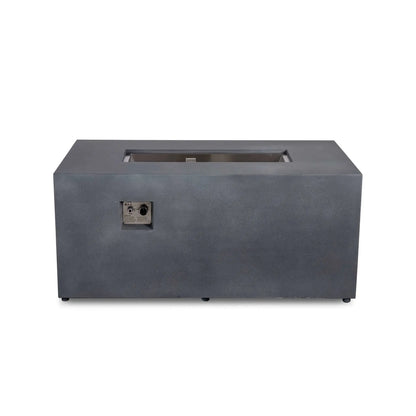 Straight front product view of the Flame Havens Refuge Series 56 x 30 x 24-inch rectangular propane fire pit in gray GFRC concrete. The empty recessed stainless steel burner pan and ignition housing are visible on top, with the CSA ignition and flame control panel set into the front face against a clean white background.