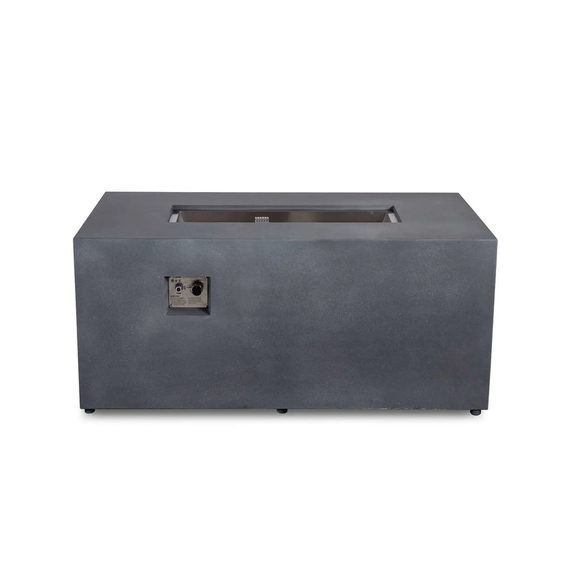Straight front product view of the Flame Havens Refuge Series 56 x 30 x 24-inch rectangular propane fire pit in gray GFRC concrete. The empty recessed stainless steel burner pan and ignition housing are visible on top, with the CSA ignition and flame control panel set into the front face against a clean white background.
