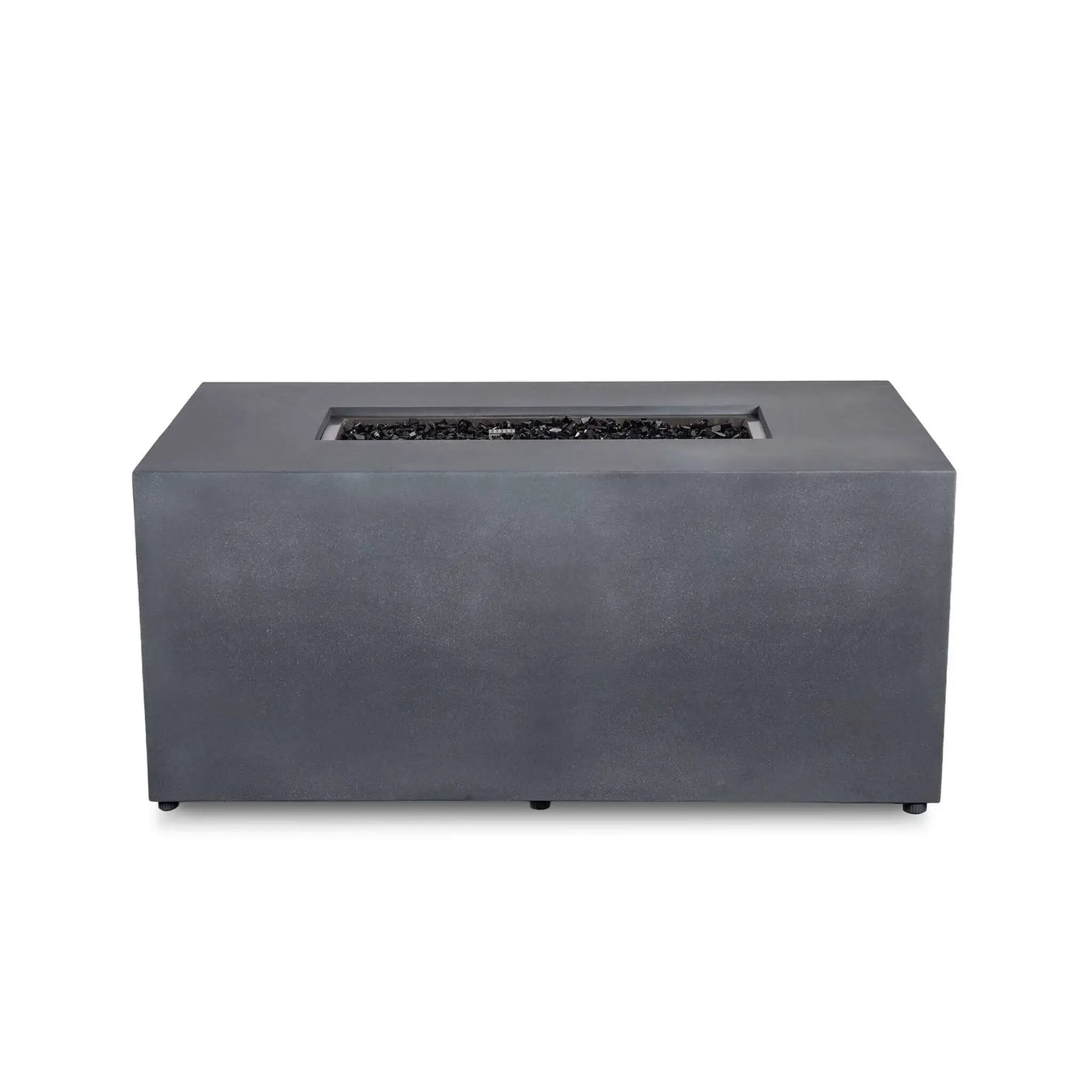 Flame Havens Refuge Series 56 x 30 x 24-inch rectangular propane fire pit shown from the front with the fire turned off. Tempered black fire glass fills the recessed burner opening, while the gray GFRC concrete body has a smooth, uninterrupted face with no visible controls and small leveling feet at the base.