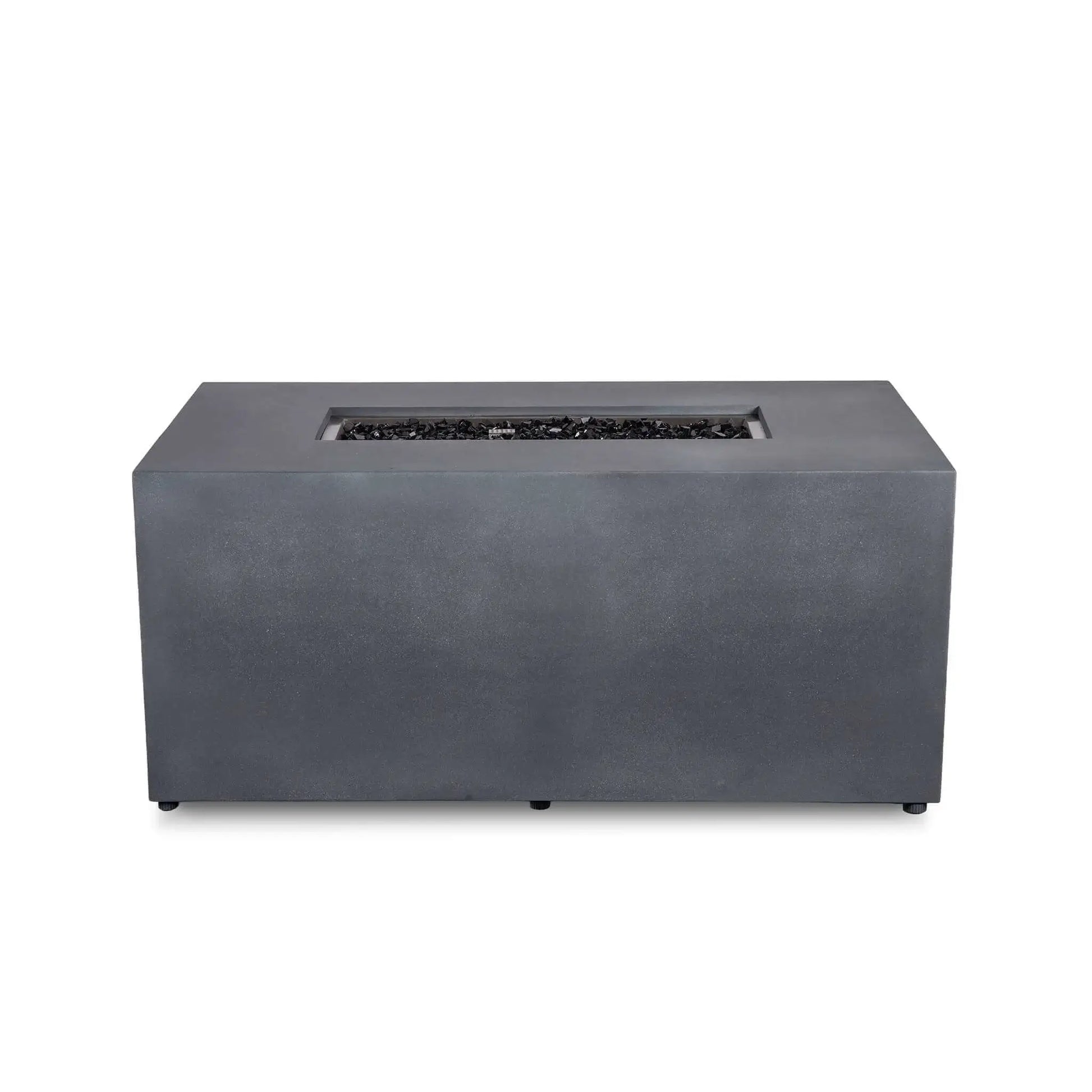 Flame Havens Refuge Series 56 x 30 x 24-inch rectangular propane fire pit shown from the front with the fire turned off. Tempered black fire glass fills the recessed burner opening, while the gray GFRC concrete body has a smooth, uninterrupted face with no visible controls and small leveling feet at the base.