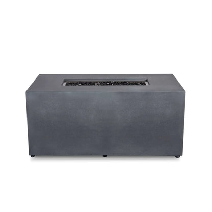 Flame Havens Refuge Series 56 x 30 x 24-inch rectangular propane fire pit shown from the front with the fire turned off. Tempered black fire glass fills the recessed burner opening, while the gray GFRC concrete body has a smooth, uninterrupted face with no visible controls and small leveling feet at the base.