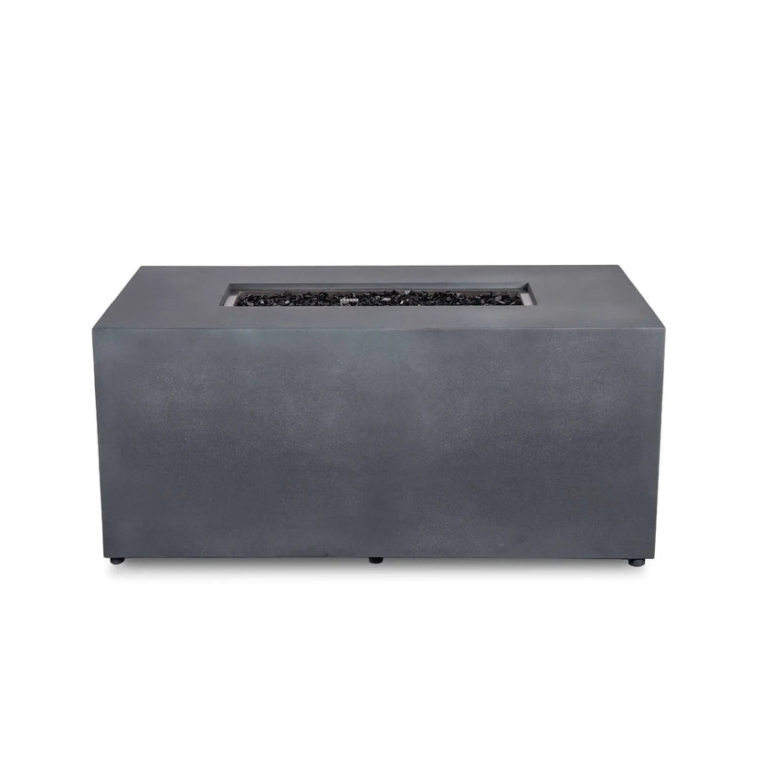 Flame Havens Refuge Series 56 x 30 x 24-inch rectangular propane fire pit shown from the front with the fire turned off. Tempered black fire glass fills the recessed burner opening, while the gray GFRC concrete body has a smooth, uninterrupted face with no visible controls and small leveling feet at the base.