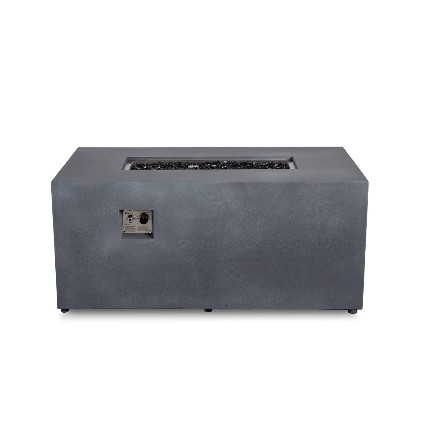 Straight front view of the Flame Havens Refuge Series 56 x 30 x 24-inch gray GFRC propane fire pit with the flame turned off. The recessed burner is filled with tempered black fire glass, and the front-mounted stainless steel control panel includes the push-button ignition and adjustable flame knob.