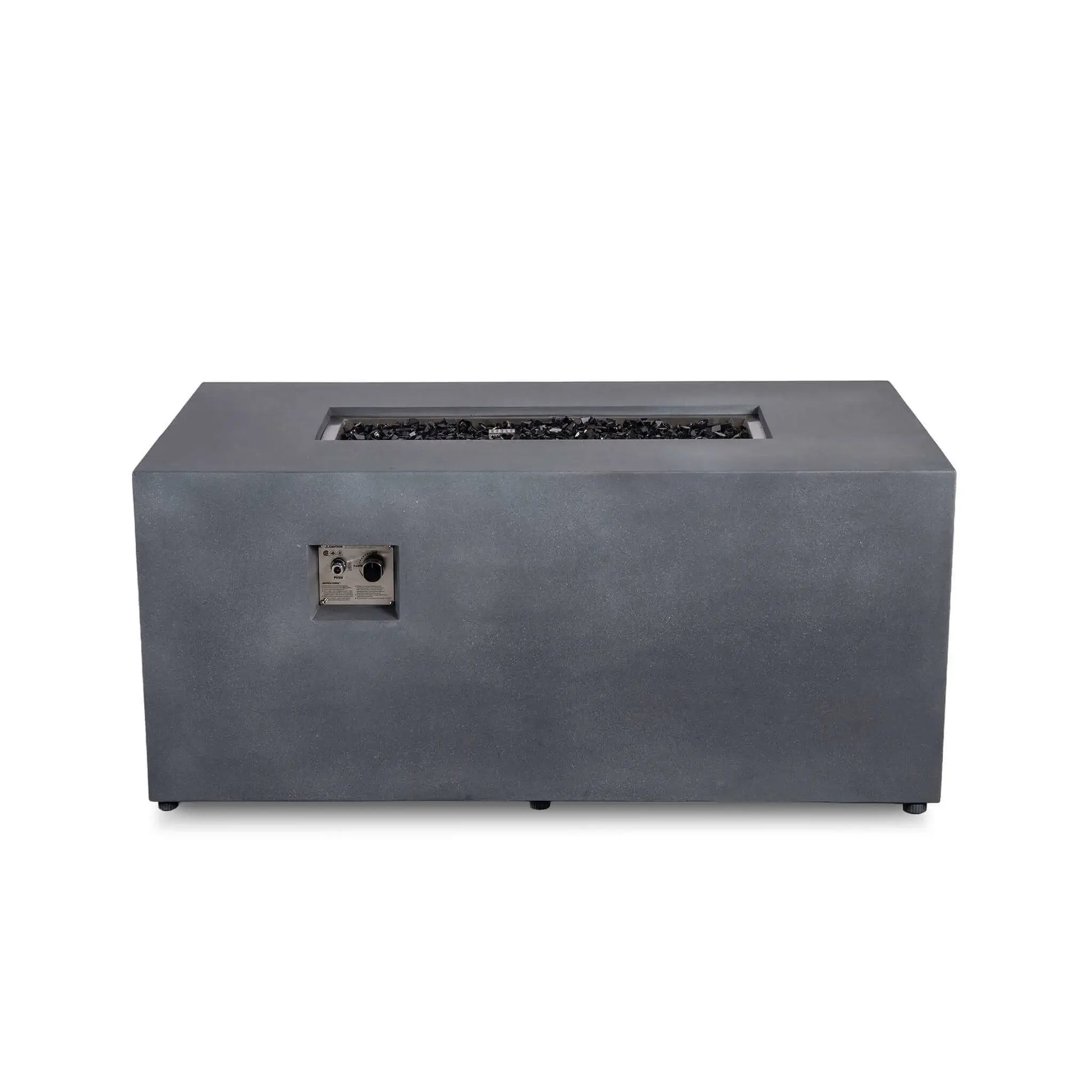 Straight front view of the Flame Havens Refuge Series 56 x 30 x 24-inch gray GFRC propane fire pit with the flame turned off. The recessed burner is filled with tempered black fire glass, and the front-mounted stainless steel control panel includes the push-button ignition and adjustable flame knob.