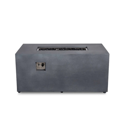 Straight front view of the Flame Havens Refuge Series 56 x 30 x 24-inch gray GFRC propane fire pit with the flame turned off. The recessed burner is filled with tempered black fire glass, and the front-mounted stainless steel control panel includes the push-button ignition and adjustable flame knob.
