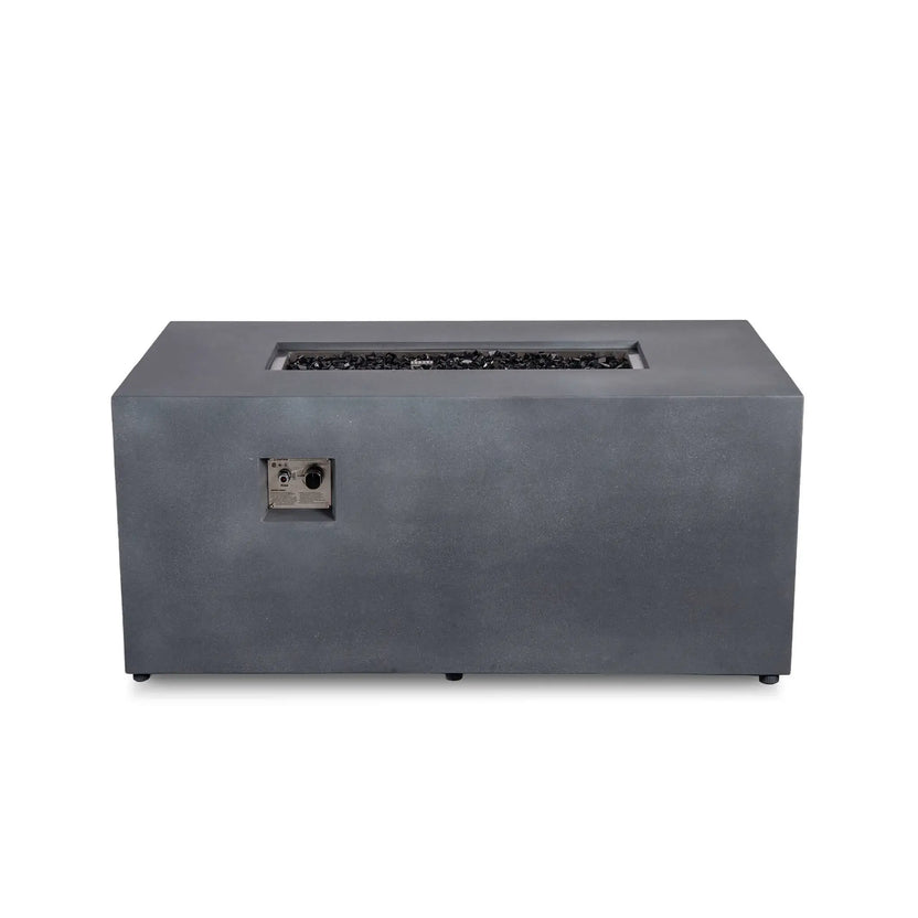 Straight front view of the Flame Havens Refuge Series 56 x 30 x 24-inch gray GFRC propane fire pit with the flame turned off. The recessed burner is filled with tempered black fire glass, and the front-mounted stainless steel control panel includes the push-button ignition and adjustable flame knob.