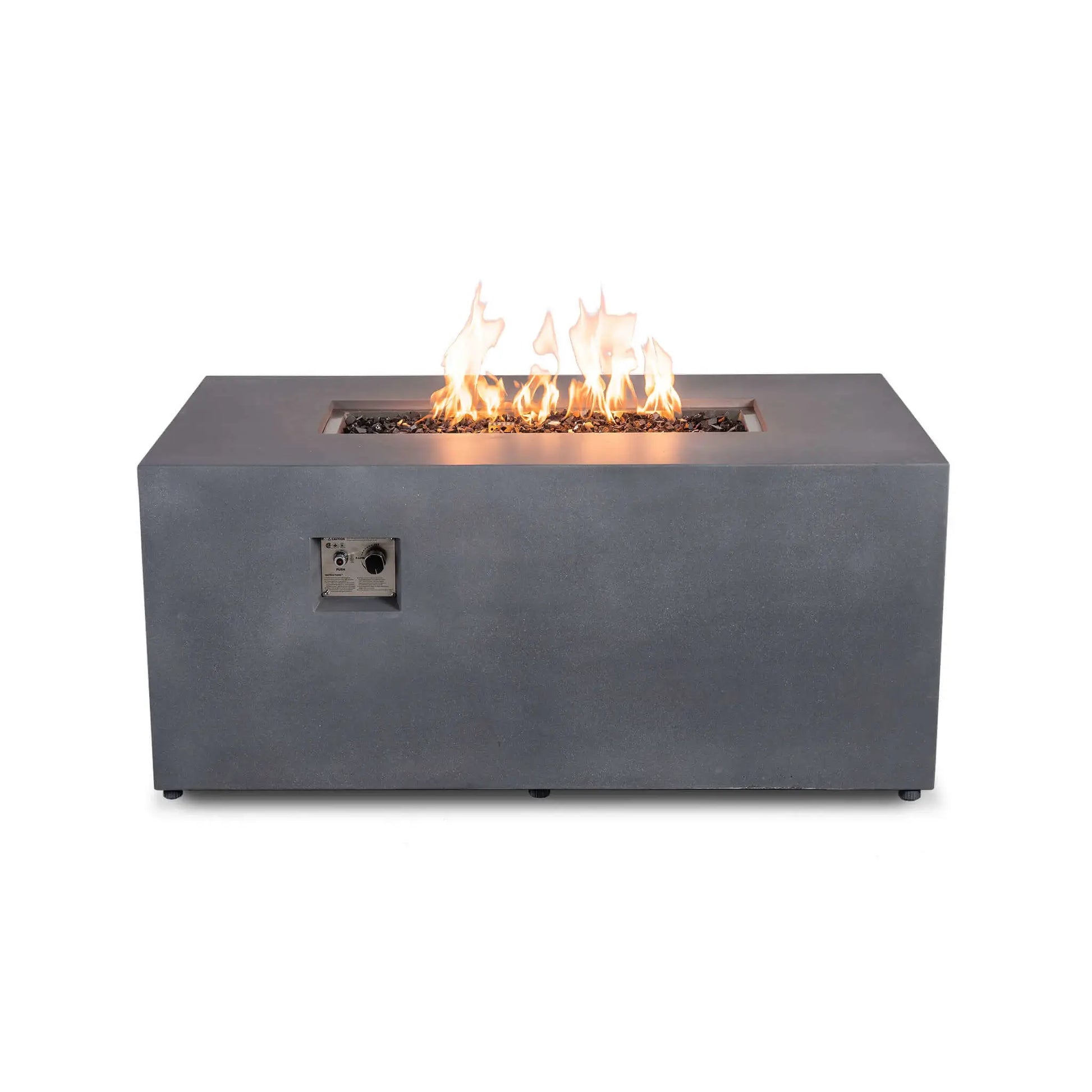 Straight front product view of the Flame Havens Refuge Series 56 x 30 x 24-inch gray GFRC rectangular propane fire pit with the fire on. Yellow-orange flames burn above tempered black fire glass in the recessed stainless steel burner, and the front-mounted ignition button and flame adjustment control are clearly visible.