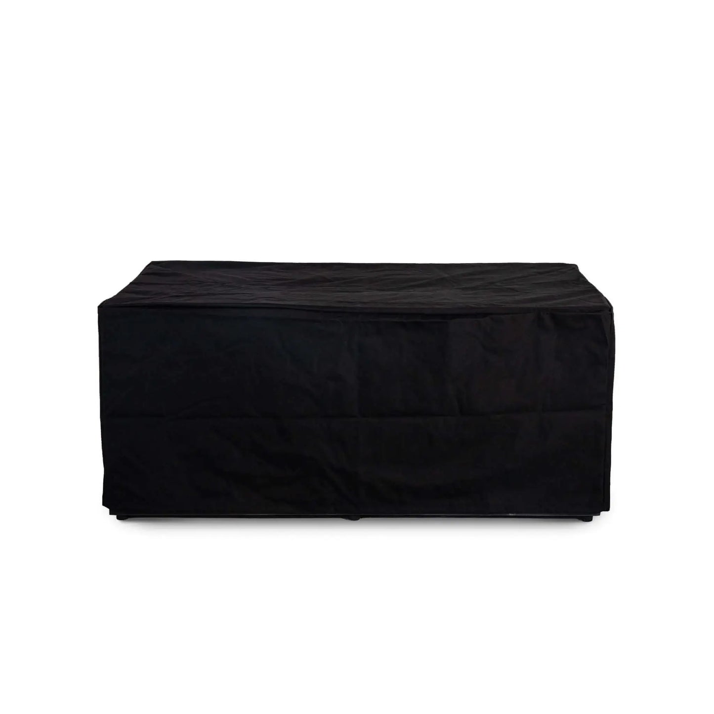 Straight front view of the Flame Havens Refuge Series 56 x 30 x 24-inch rectangular white propane gas fire pit fully protected by a fitted black canvas fabric cover, shown against a clean white background with the cover extending to the base for complete storage protection.