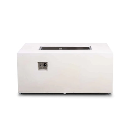 Straight front view of the white Flame Havens Refuge Series 56 x 30 x 24-inch rectangular propane gas fire pit, featuring a smooth GFRC concrete body, recessed stainless steel burner pan, front-mounted CSA ignition button and flame control knob, and adjustable feet.