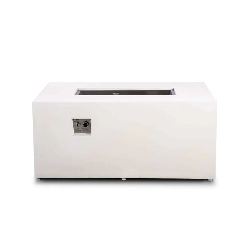 Straight front view of the white Flame Havens Refuge Series 56 x 30 x 24-inch rectangular propane gas fire pit, featuring a smooth GFRC concrete body, recessed stainless steel burner pan, front-mounted CSA ignition button and flame control knob, and adjustable feet.