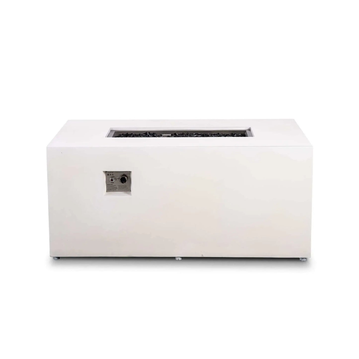 White Flame Havens Refuge Series 56 x 30 x 24-inch rectangular propane gas fire pit shown from the front with the fire off, featuring tempered black fire glass inside the stainless steel burner pan, recessed ignition controls, a clean GFRC concrete finish, and adjustable feet.