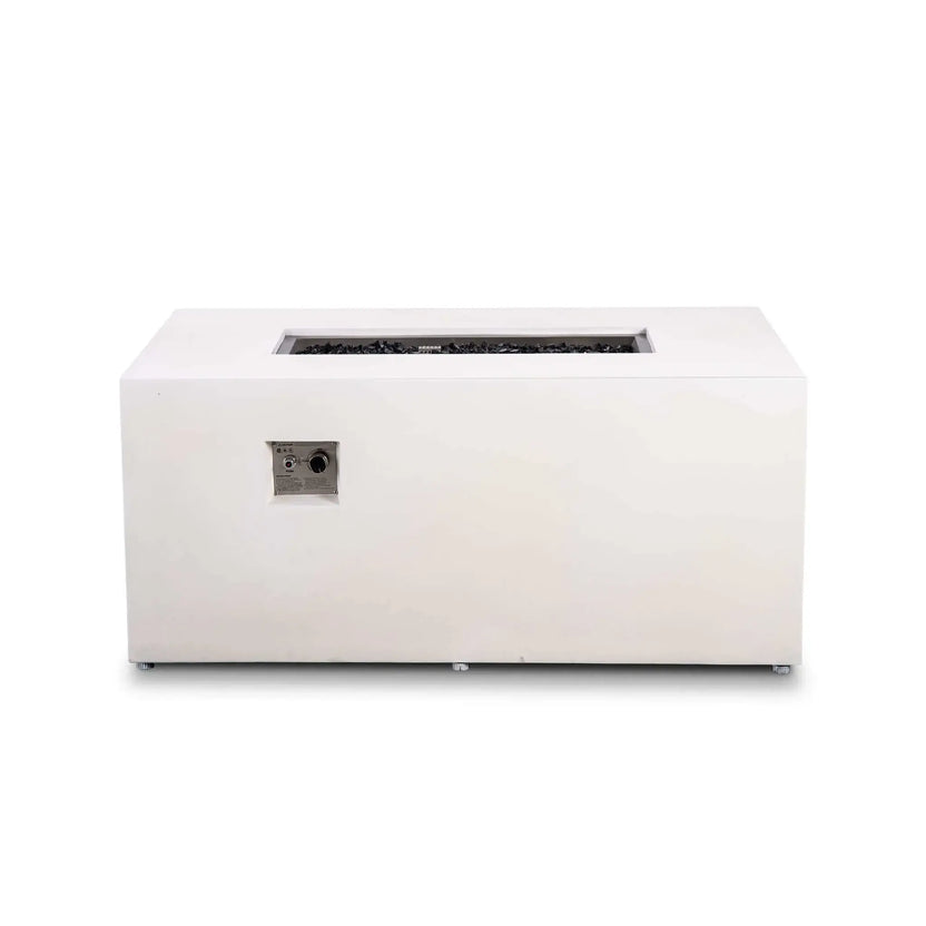 White Flame Havens Refuge Series 56 x 30 x 24-inch rectangular propane gas fire pit shown from the front with the fire off, featuring tempered black fire glass inside the stainless steel burner pan, recessed ignition controls, a clean GFRC concrete finish, and adjustable feet.