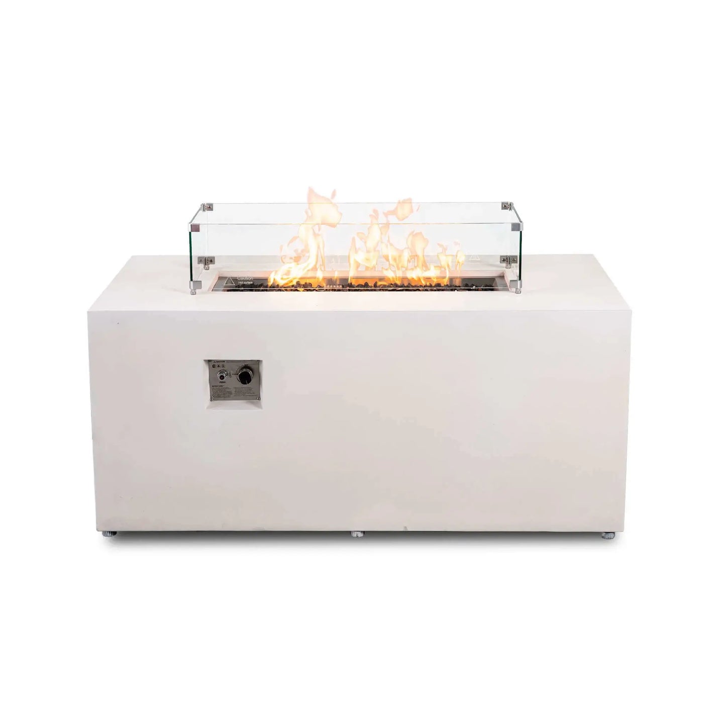White Flame Havens Refuge Series 56 x 30 x 24-inch rectangular propane gas fire pit shown from the front with flames burning over tempered black fire glass, surrounded by a clear tempered glass wind guard with metal corner brackets and raised feet; recessed ignition controls are visible on the front.