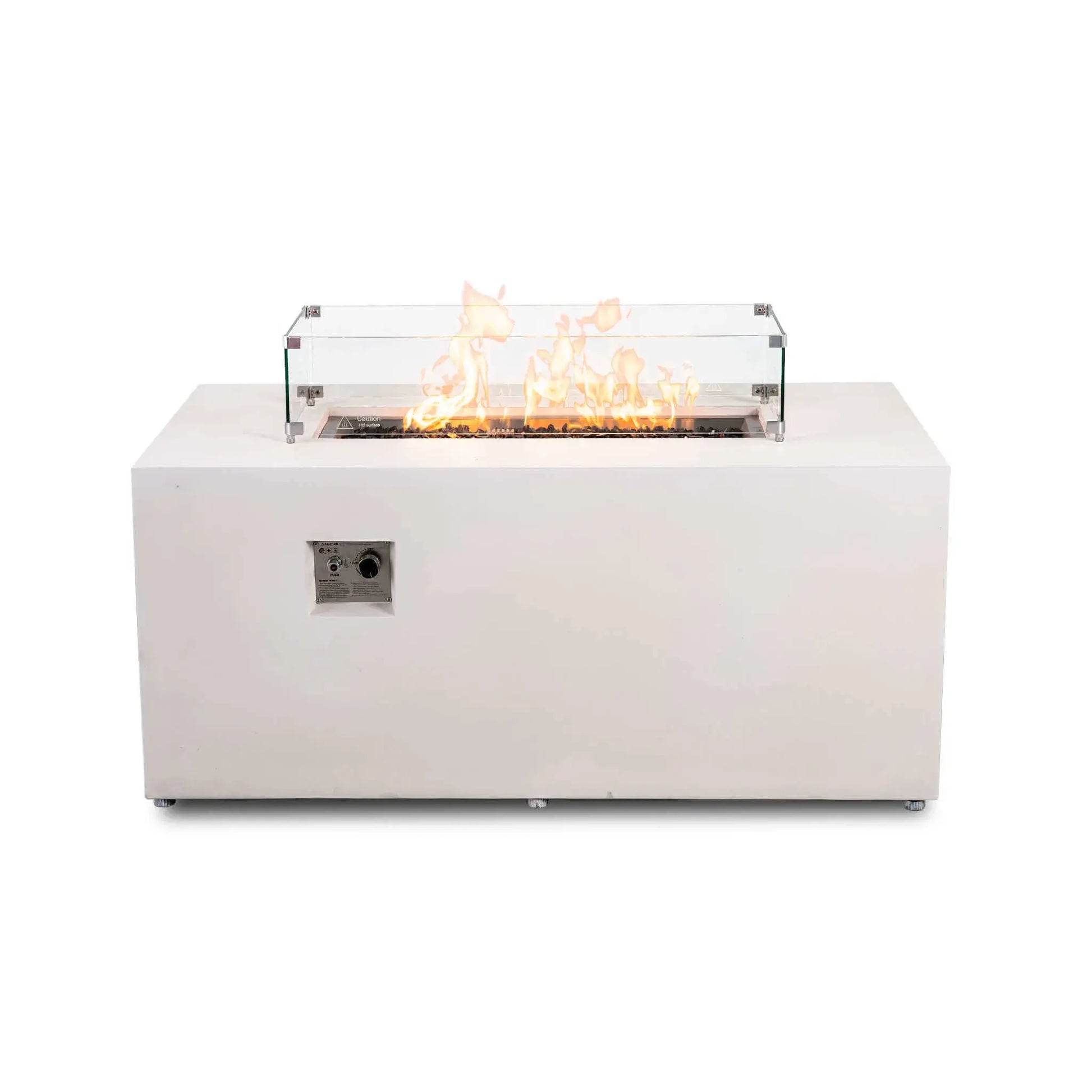 White Flame Havens Refuge Series 56 x 30 x 24-inch rectangular propane gas fire pit shown from the front with flames burning over tempered black fire glass, surrounded by a clear tempered glass wind guard with metal corner brackets and raised feet; recessed ignition controls are visible on the front.