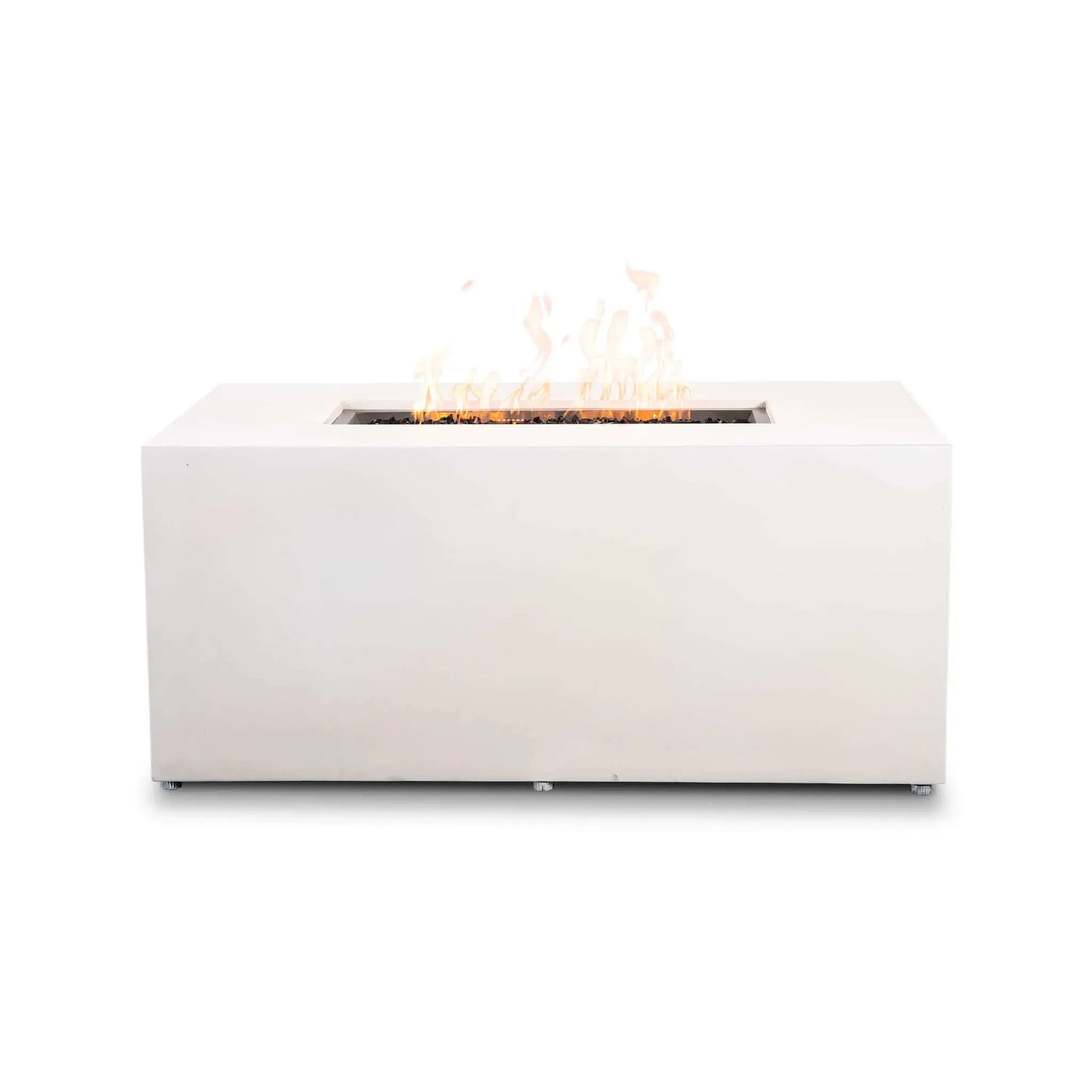 Straight front view of the white Flame Havens Refuge Series 56 x 30 x 24-inch rectangular propane gas fire pit with the fire on, showing a linear row of flames above tempered black fire glass, a recessed stainless steel burner pan, no visible front controls, and a clean GFRC concrete body.