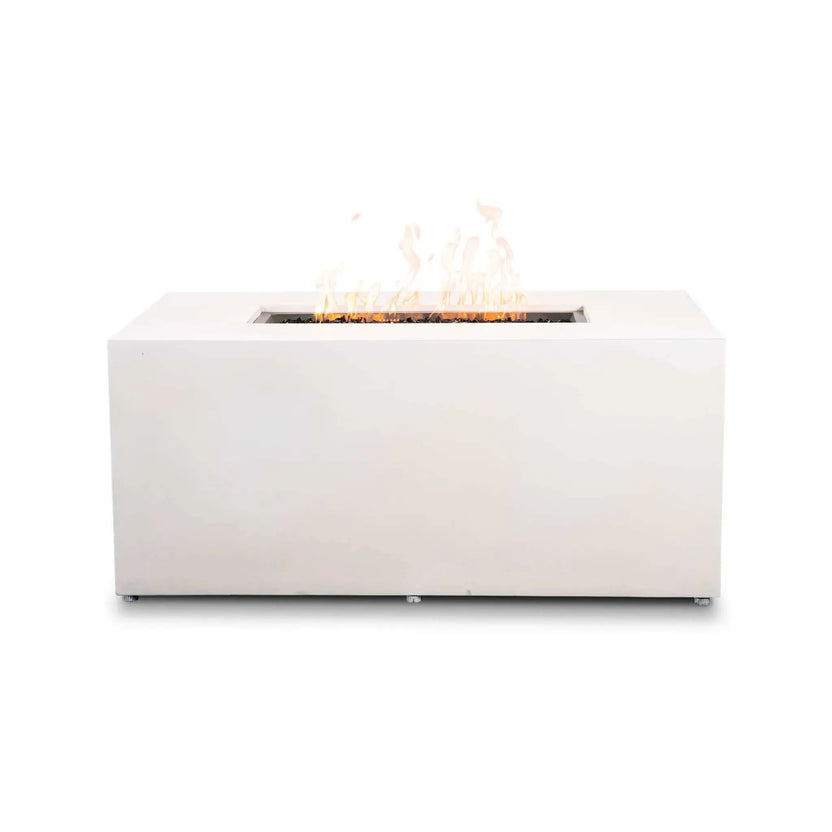 Straight front view of the white Flame Havens Refuge Series 56 x 30 x 24-inch rectangular propane gas fire pit with the fire on, showing a linear row of flames above tempered black fire glass, a recessed stainless steel burner pan, no visible front controls, and a clean GFRC concrete body.