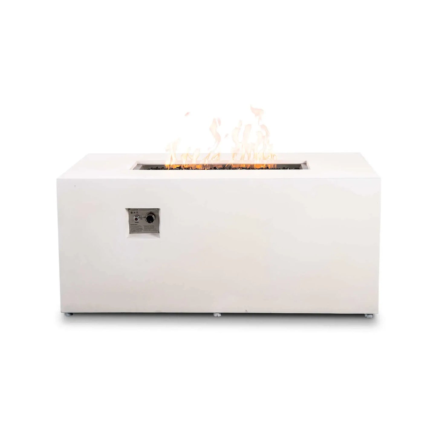 Straight front view of the Flame Havens Refuge Series 56 x 30 x 24-inch rectangular propane gas fire pit in white GFRC concrete, shown with flames burning over tempered black fire glass and a recessed front control panel featuring a push-button igniter and adjustable flame knob.