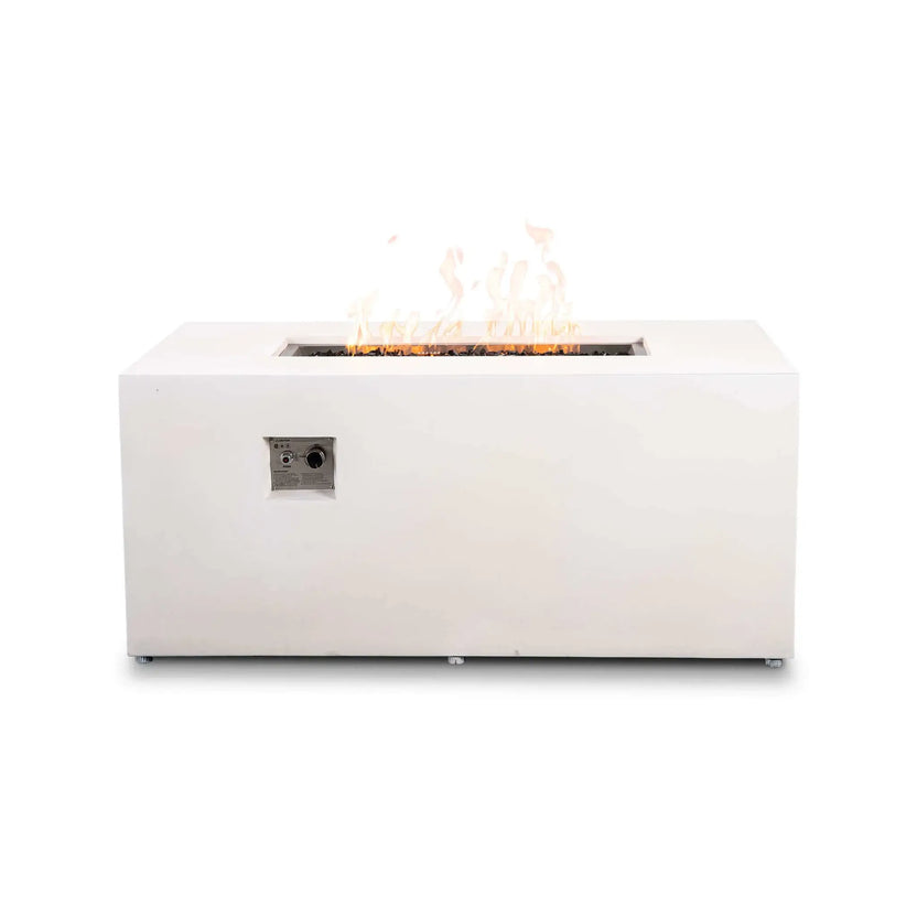 Straight front view of the Flame Havens Refuge Series 56 x 30 x 24-inch rectangular propane gas fire pit in white GFRC concrete, shown with flames burning over tempered black fire glass and a recessed front control panel featuring a push-button igniter and adjustable flame knob.