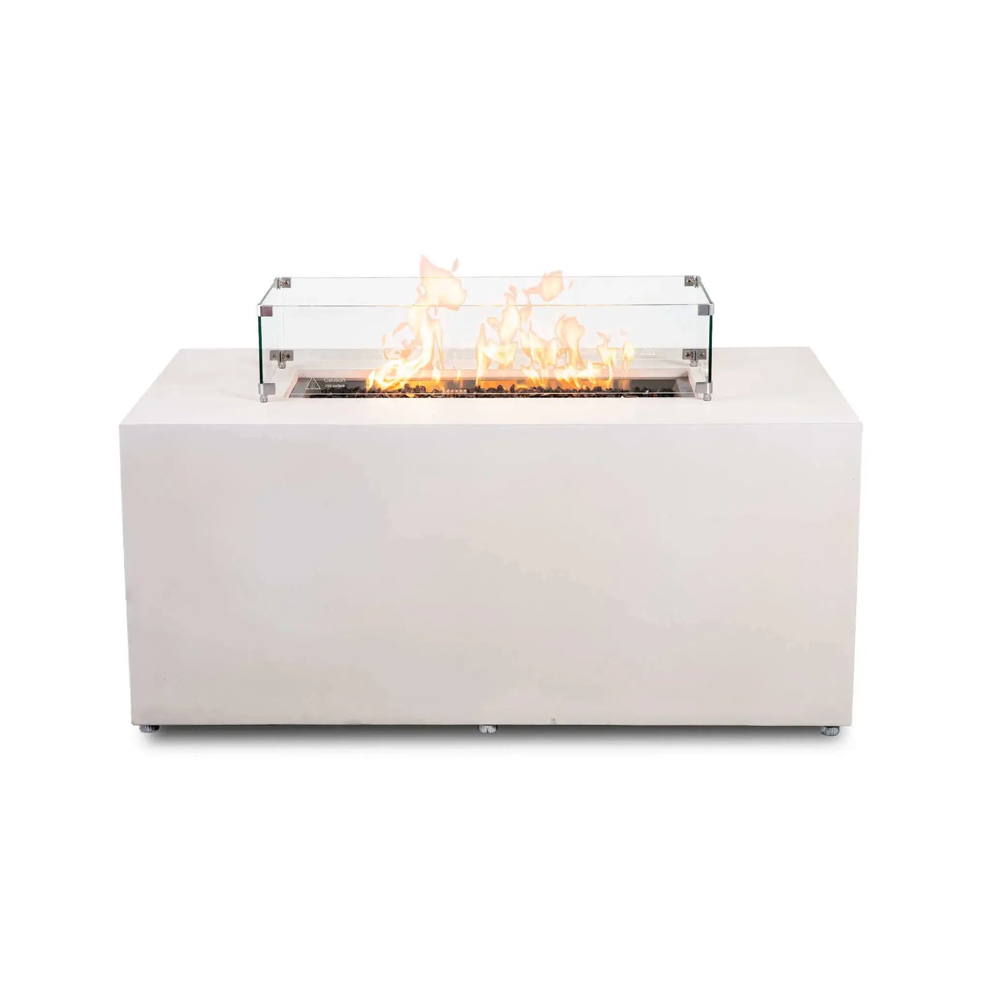 Straight front view of the Flame Havens Refuge Series 56 x 30 x 24-inch rectangular propane gas fire pit in white GFRC concrete, shown burning over tempered black fire glass with a clear tempered glass wind guard, polished metal corner brackets, raised feet, a wide tabletop ledge, and discreet adjustable feet.