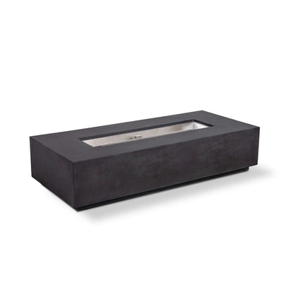 Flame Havens Refuge Series 68 x 30 x 15-inch rectangular natural gas fire pit shown at an angle without visible exterior controls. The minimalist black GFRC concrete body surrounds an uncovered stainless steel burner pan with a linear burner and CSA ignition assembly, photographed on a clean white background.