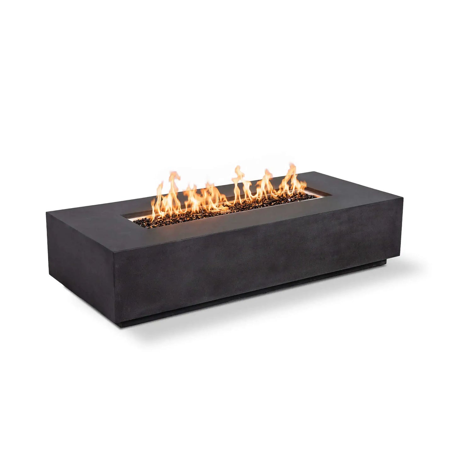 Angled product view of the Flame Havens Refuge Series 68 x 30 x 15-inch black GFRC concrete natural gas fire pit with no exterior controls visible. A continuous line of orange flames burns across reflective tempered black fire glass in the recessed rectangular burner opening.