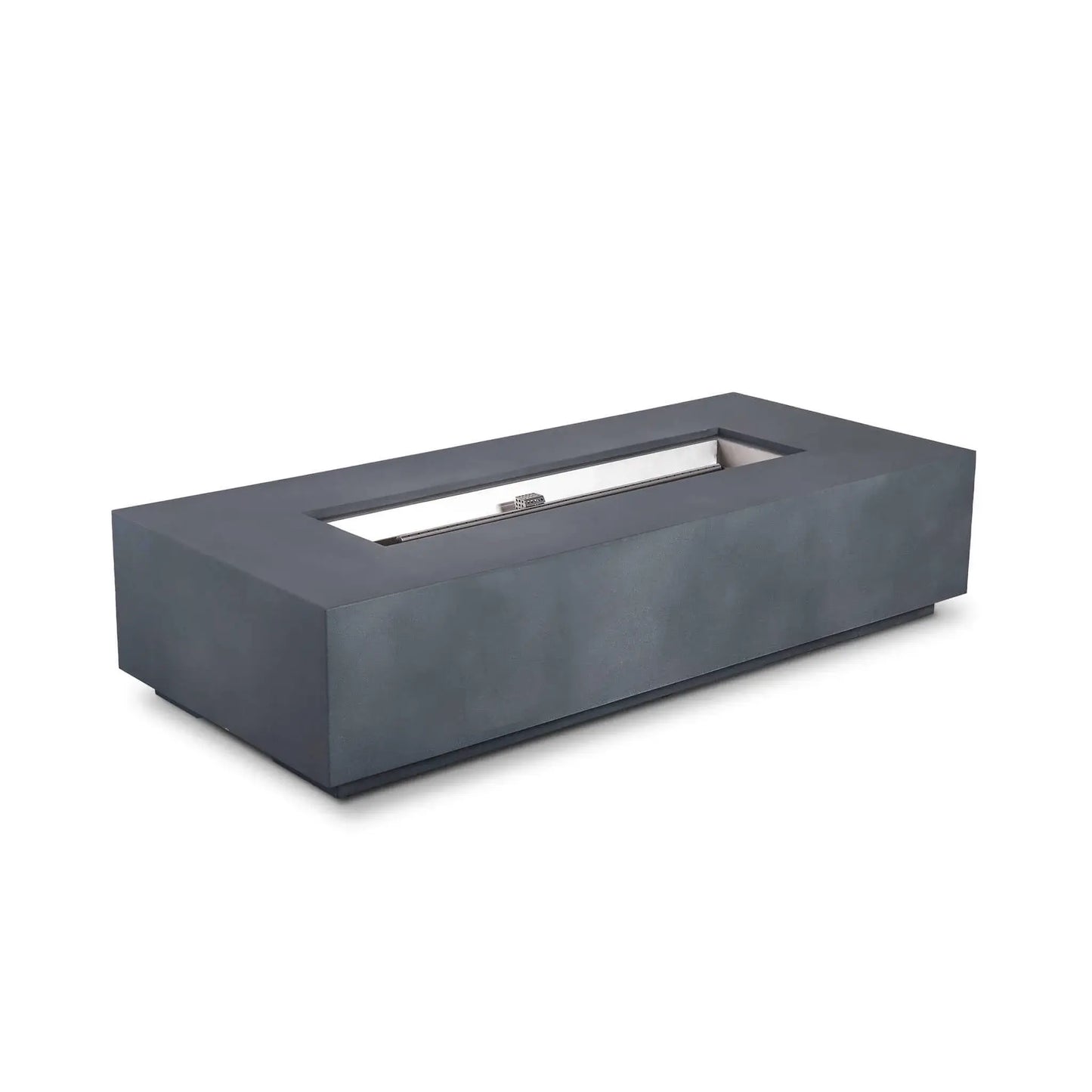 Flame Havens Refuge Series 68 x 30 x 15-inch rectangular natural gas fire pit shown at an angle in a natural gray GFRC concrete finish. This clean front view has no visible controls and displays the recessed stainless steel burner pan, linear burner, and CSA ignition assembly against a white background.