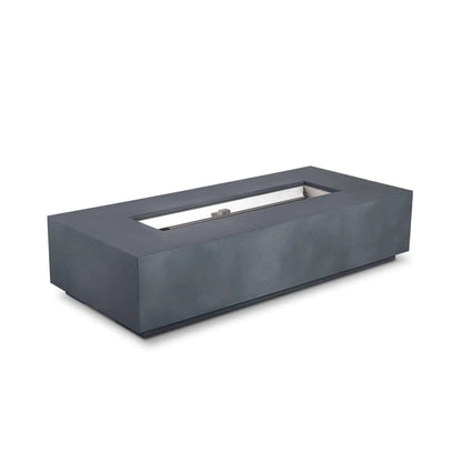 Flame Havens Refuge Series 68 x 30 x 15-inch rectangular natural gas fire pit shown at an angle in a natural gray GFRC concrete finish. This clean front view has no visible controls and displays the recessed stainless steel burner pan, linear burner, and CSA ignition assembly against a white background.