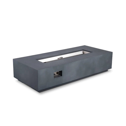 Angled product view of the Flame Havens Refuge Series 68 x 30 x 15-inch rectangular natural gas fire pit in natural gray GFRC concrete. The fire pit is shown without media to reveal its recessed stainless steel linear burner and CSA ignition system, with the front control panel visible against a white background.