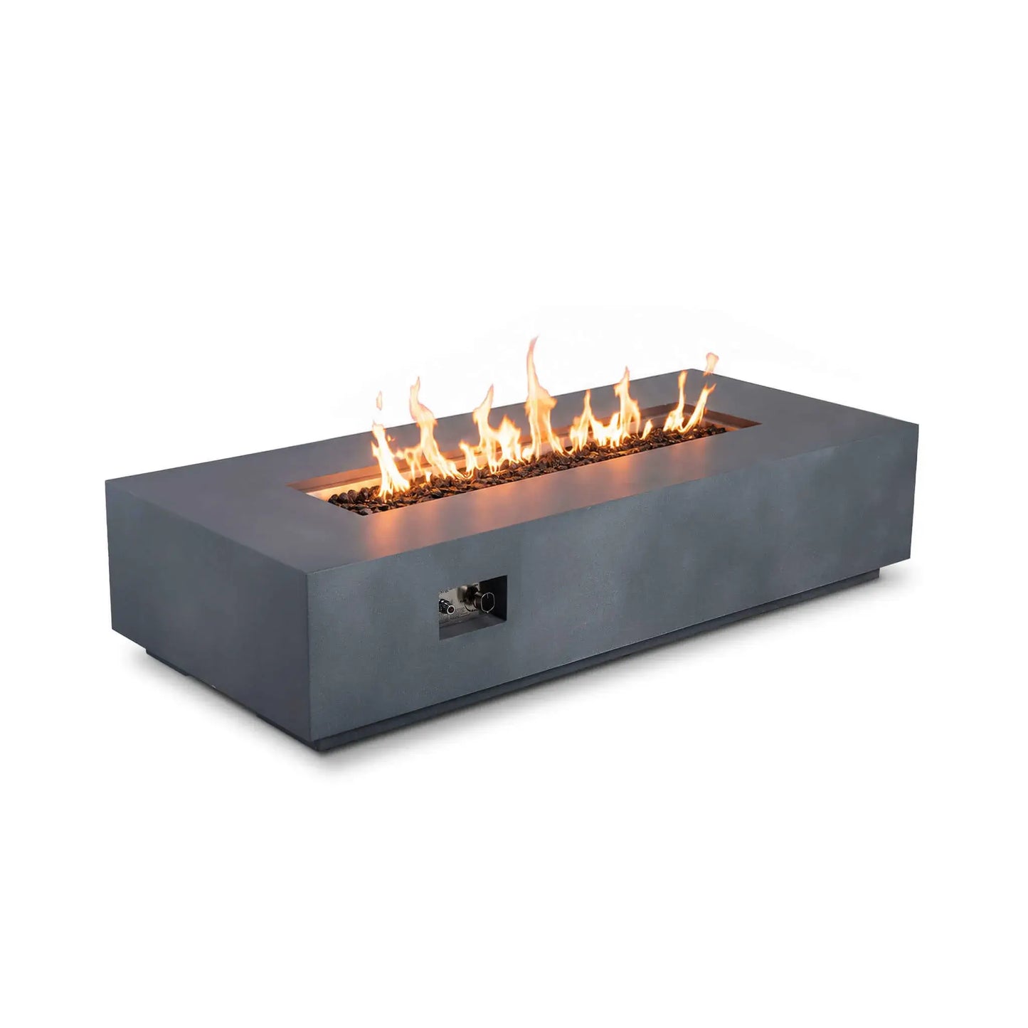 Angled view of the Flame Havens Refuge Series 68 x 30 x 15-inch rectangular natural gas fire pit burning over tempered black fire glass. Bright linear flames rise from the recessed burner while the natural gray GFRC concrete body and front gas controls remain visible against a white background.