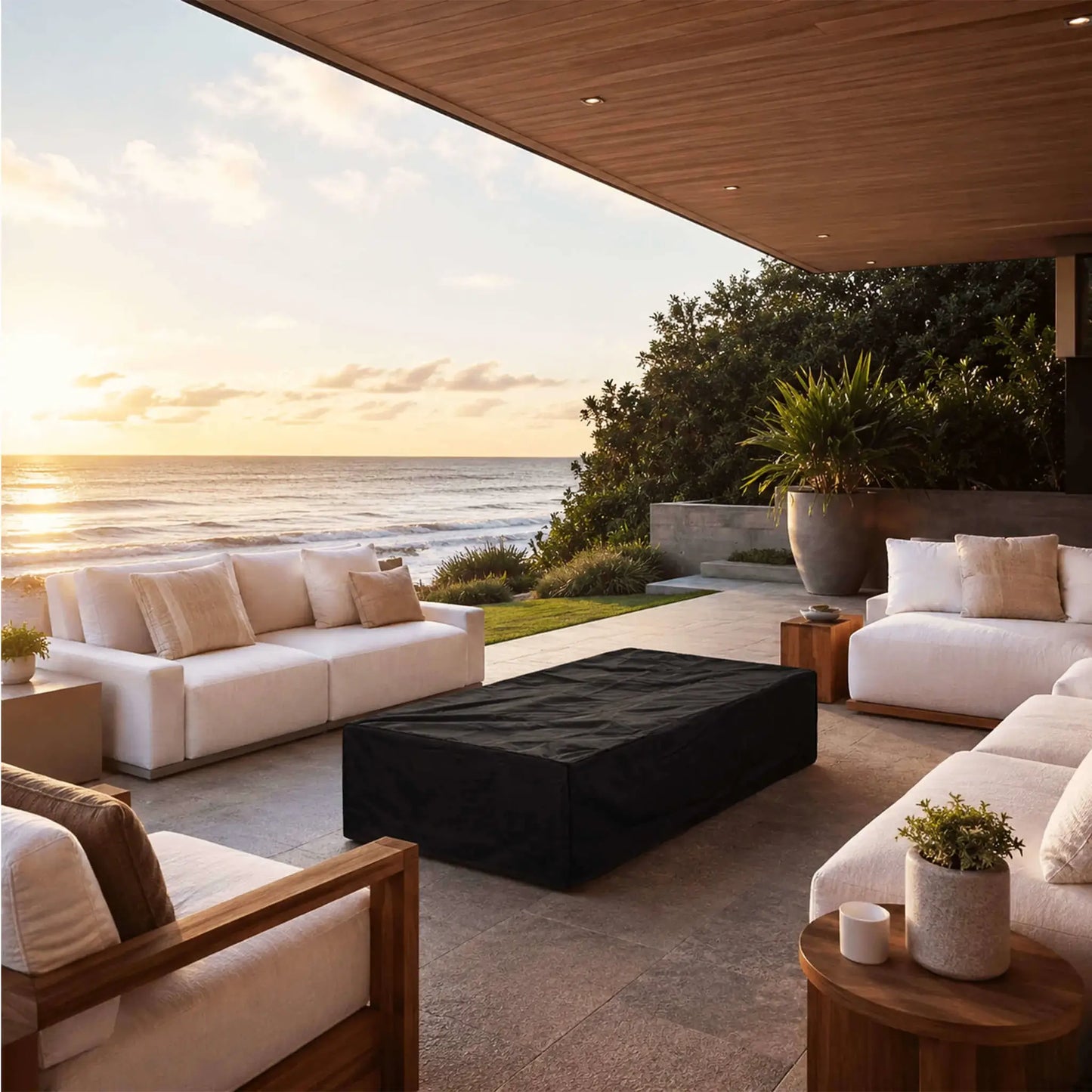 Flame Havens Refuge Series 68 x 30 x 15-inch white GFRC rectangular natural gas fire pit protected by a fitted black canvas fabric cover. The covered fire pit is centered among white outdoor sofas on a luxurious oceanfront patio at sunset, beneath a warm wood ceiling with coastal landscaping nearby.