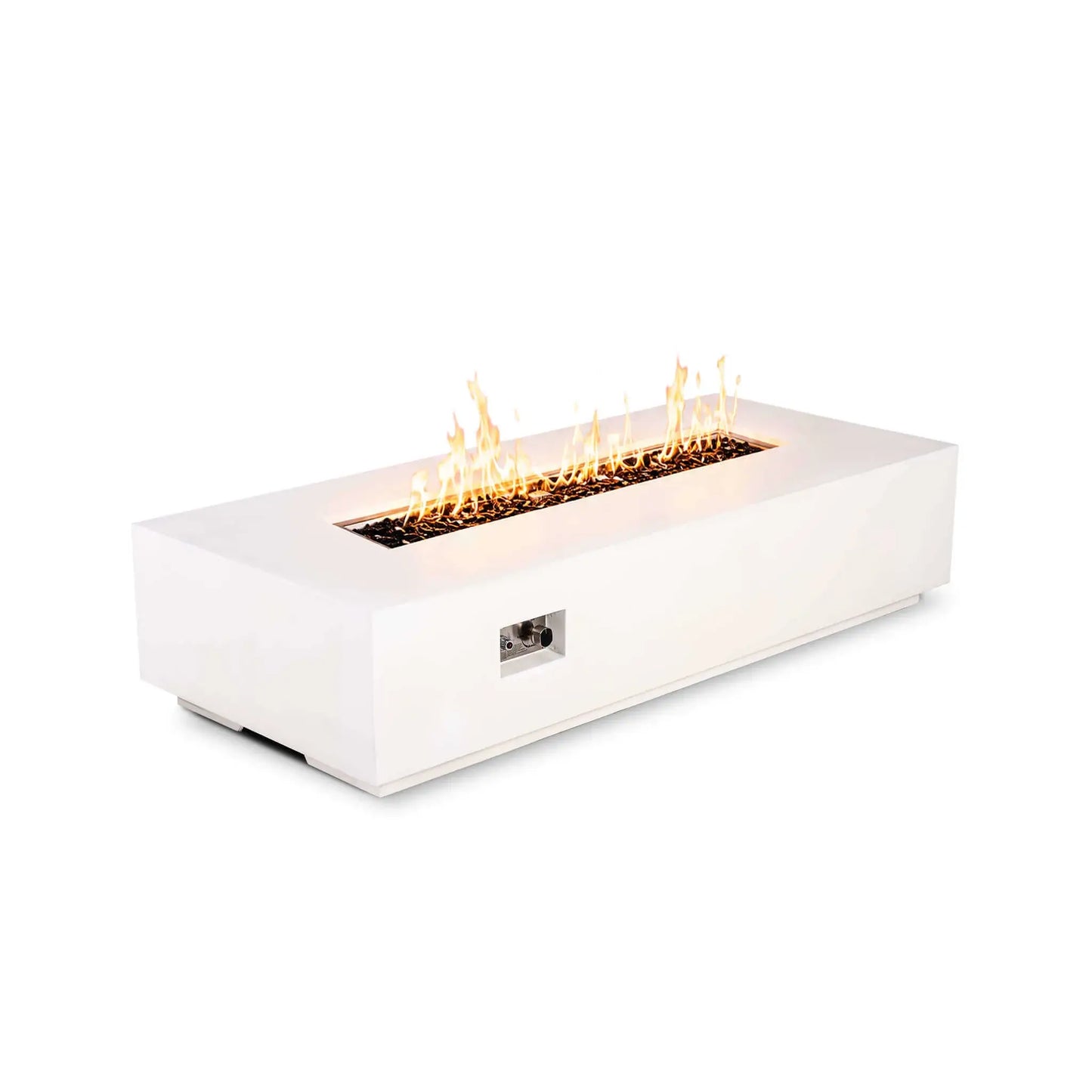 Flame Havens Refuge Series 68 x 30 x 15-inch rectangular natural gas fire pit in white GFRC concrete, shown lit at an angle. Golden flames stretch across the tempered black fire glass, while a recessed ignition button and gas control knob are visible on the front of the modern outdoor fire pit.