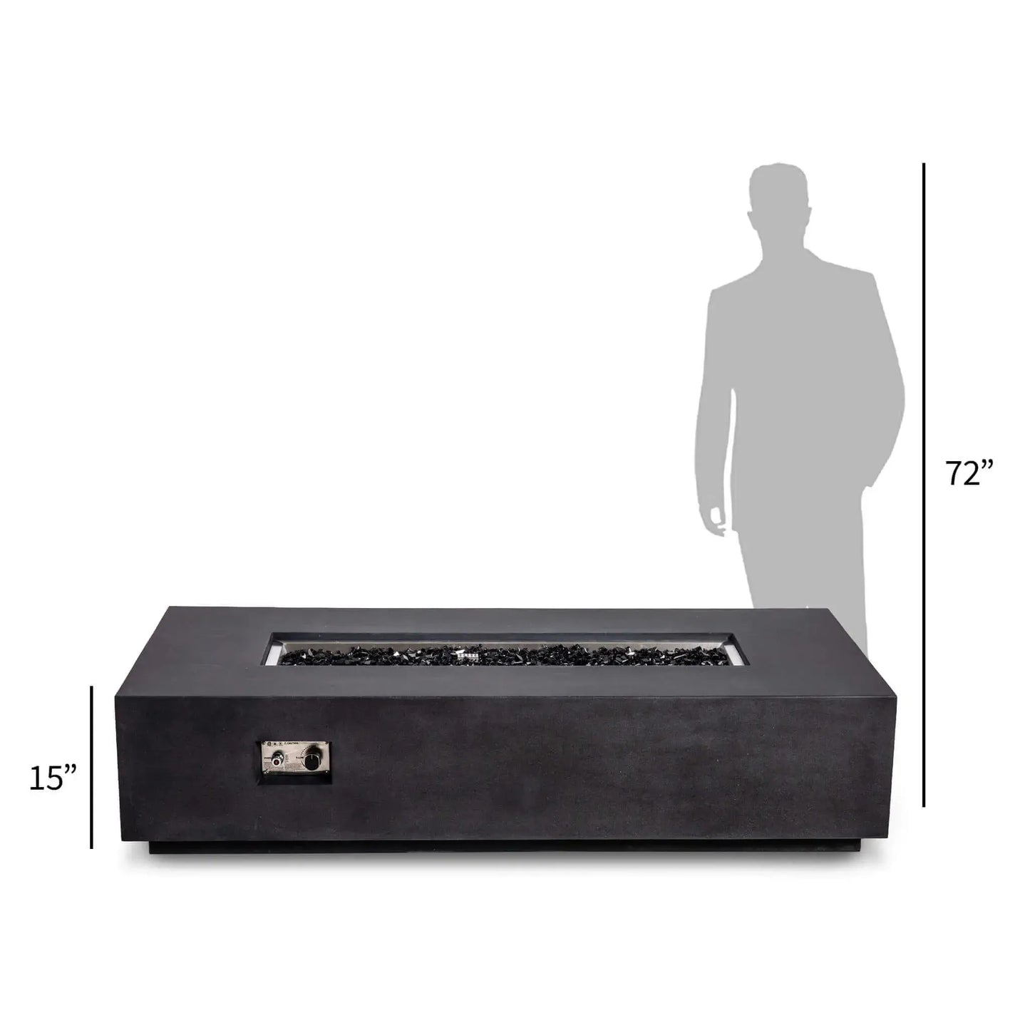 Size comparison of the Flame Havens Refuge Series 68 x 30 x 15-inch rectangular natural gas fire pit in black GFRC concrete beside a 72-inch human silhouette. The straight-on view shows the fire pit’s 15-inch height, reflective black fire glass, stainless steel burner area, and recessed CSA ignition controls.