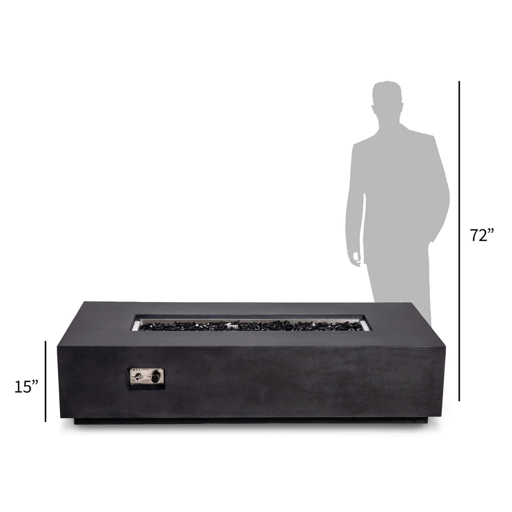 Size comparison of the Flame Havens Refuge Series 68 x 30 x 15-inch rectangular natural gas fire pit in black GFRC concrete beside a 72-inch human silhouette. The straight-on view shows the fire pit’s 15-inch height, reflective black fire glass, stainless steel burner area, and recessed CSA ignition controls.