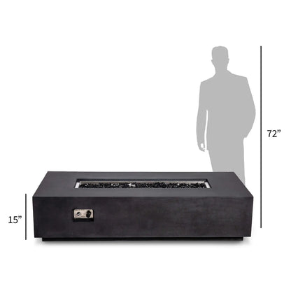 Size comparison of the Flame Havens Refuge Series 68 x 30 x 15-inch rectangular natural gas fire pit in black GFRC concrete beside a 72-inch human silhouette. The straight-on view shows the fire pit’s 15-inch height, reflective black fire glass, stainless steel burner area, and recessed CSA ignition controls.