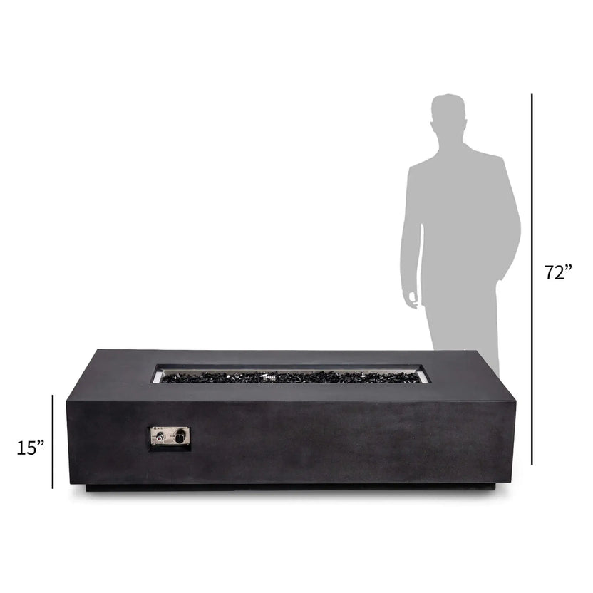 Size comparison of the Flame Havens Refuge Series 68 x 30 x 15-inch rectangular natural gas fire pit in black GFRC concrete beside a 72-inch human silhouette. The straight-on view shows the fire pit’s 15-inch height, reflective black fire glass, stainless steel burner area, and recessed CSA ignition controls.