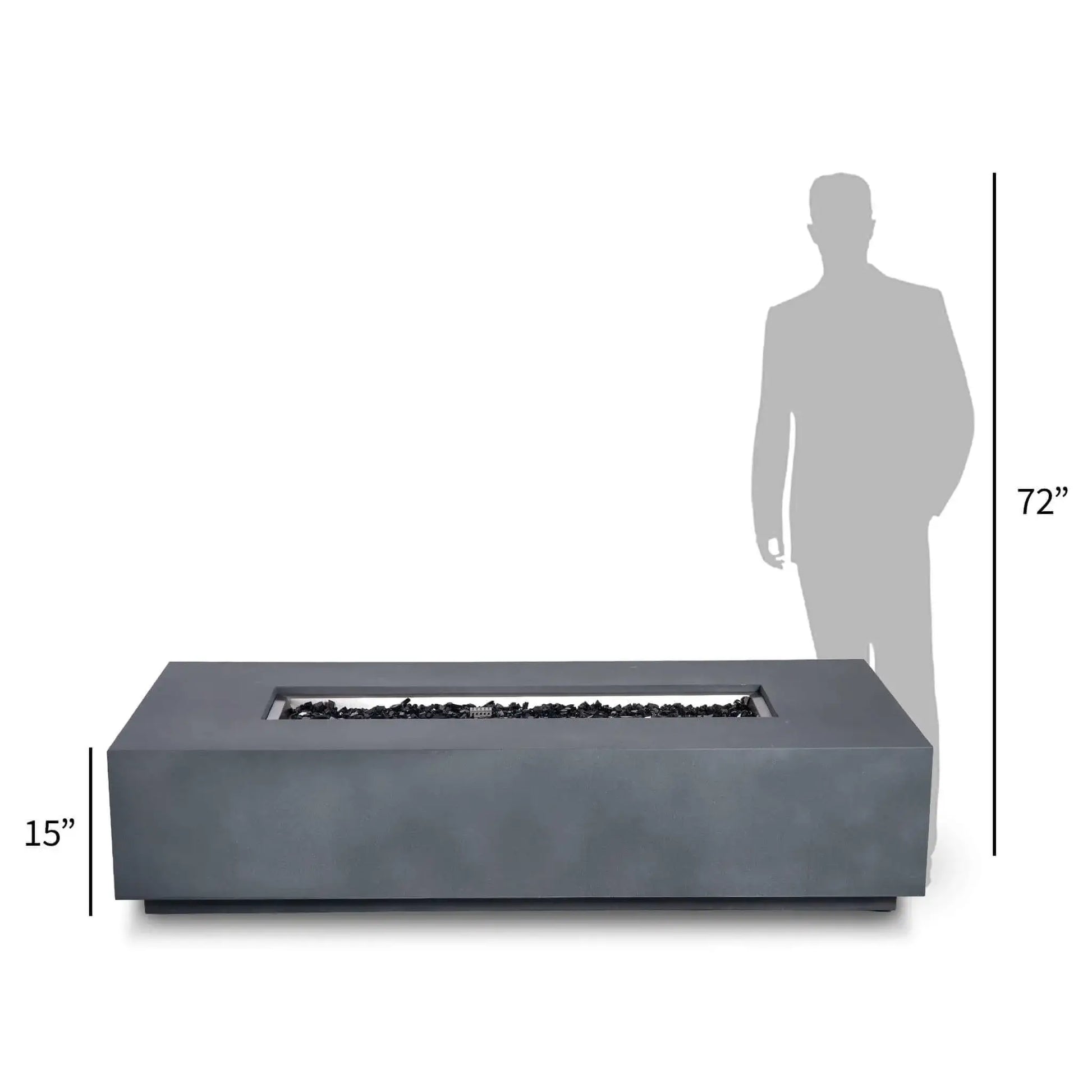 Size comparison of the Flame Havens Refuge Series 68 x 30 x 15-inch rectangular natural gas fire pit in gray GFRC concrete. The fire pit is shown beside a 72-inch human silhouette, with its 15-inch height marked and black fire glass visible inside the recessed stainless steel burner pan.